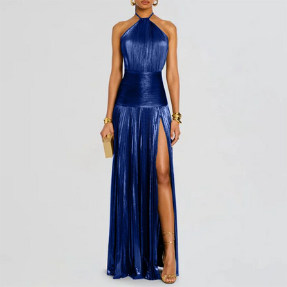 Gold Sexy Halter High Split Gowns Evening Dress Woman Chic Solid Hollow Pleated Long Dress Spring Summer Backless Zip Maxi Dress
