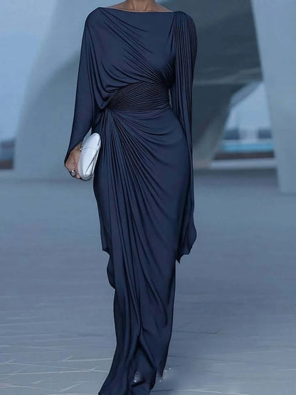 Elegant High Waist Solid Color Banquet Dress Lady Leisure Irregular Long Sleeve Dress Sexy Slash Collar Pleat Slim Evening Dress
