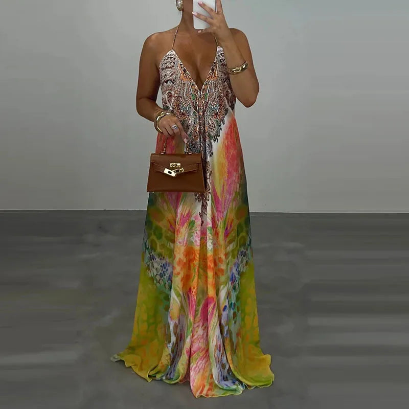 Casual High Waist Evening Party Dress Sexy V-neck Backless Sleeveless Vacation Robes Elegant Bohemian Printed Women Loose Dress