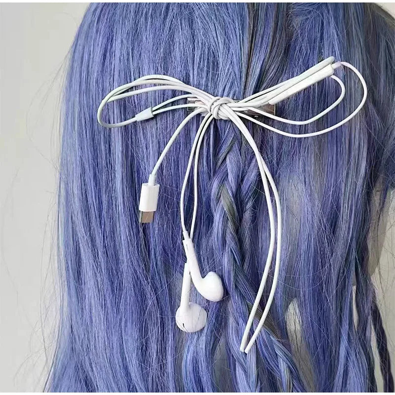  Korean Fashion Headphone Wire Bow Hair Clips - Harajuku Cute Upcycled Aesthetic Hair Pins for Girls - Trendy Hair Accessories