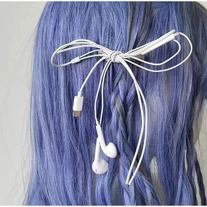  Korean Fashion Headphone Wire Bow Hair Clips - Harajuku Cute Upcycled Aesthetic Hair Pins for Girls - Trendy Hair Accessories