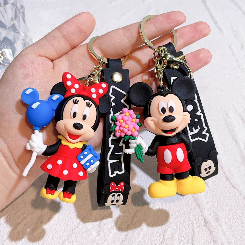 Mickey Minnie Flower Series PVC Figure Keychain Set, 6PCS Cute Cartoon Couple Key Rings with Floral Design for Bag Gift