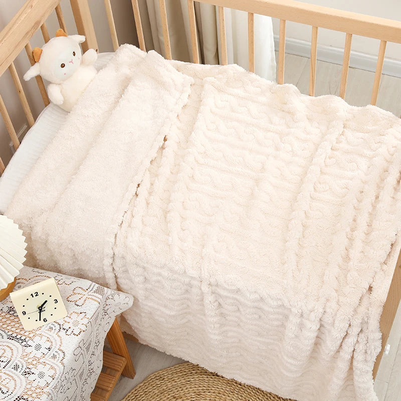 1 Coral Fleece Blanket for Babies and Children - Ultra Soft Striped Warm Parabolic Design, All-Season Bedding, Suitable for Nursery, Infants, Toddlers, and Teenagers (White/Pink/Blue) Nap Blanket, Essential for a Cozy Bedroom