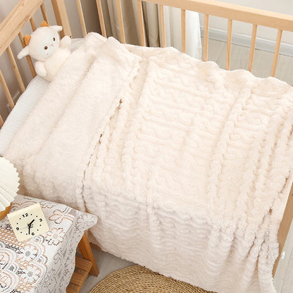 1 Coral Fleece Blanket for Babies and Children - Ultra Soft Striped Warm Parabolic Design, All-Season Bedding, Suitable for Nursery, Infants, Toddlers, and Teenagers (White/Pink/Blue) Nap Blanket, Essential for a Cozy Bedroom