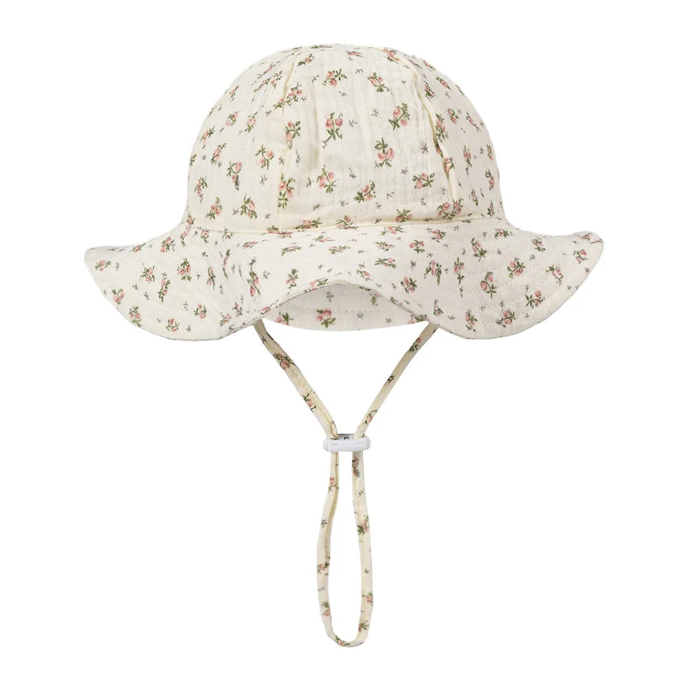 Floral Print Baby Bucket Hats Adjustable Solid Caps for Infant Boys Girls Sunscreen Outdoor Beanies Beach Fishing Headwraps
