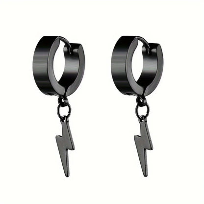 1pair Stylish Stainless Steel Lightning Pendant Piercing Hoop Earrings Ear Clip for Men Women Bold and Eye-Catching Statement