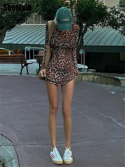 Shestyle Leopard Sexy A-Line Dress Women Two Piece Sets Mesh See Through Fashion Extremely Hot High Street Animal Print Stylish