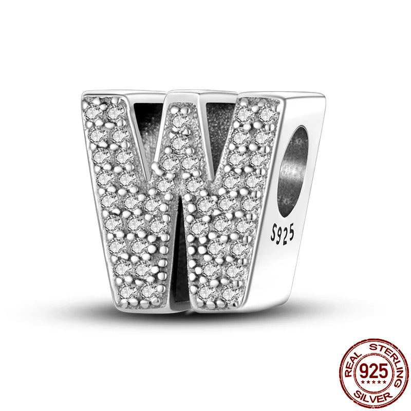 Original 925 Sterling Silver 26 Alphabet Letters Sparkling Zircon Charms Pendant Beads For Women Fine DIY Birthday Jewelry Gifts