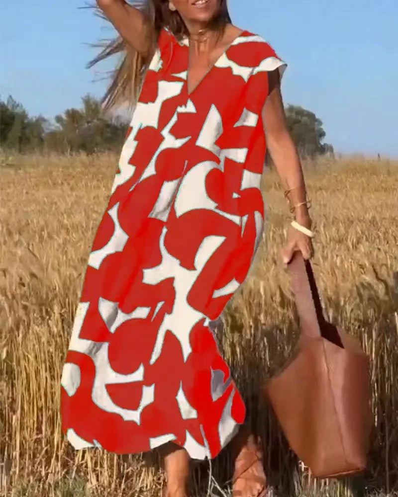 2025 Elegant Lady Style V-neck Loose Waist A-line Skirt with Head Print Sleeveless Dress Summer Fashion New Versatile Long Skirt