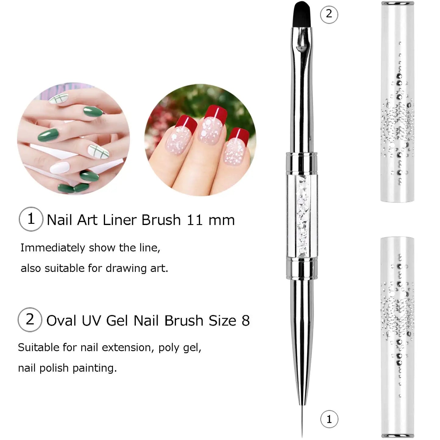 Pro Dual-Ended Builder Gel Nail Art Brush Rhinestone Handle for Painting French Tip Nail Brush Polish Gel Liner Manicure Tools