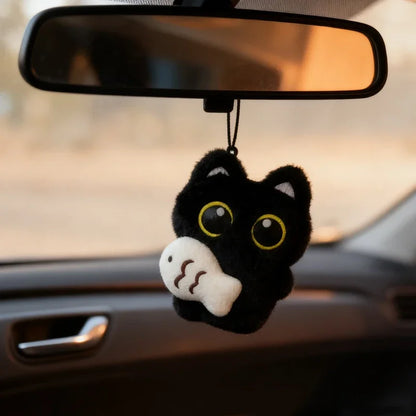 Rearview Mirror Pendant Decoration Cool Plush Black Cat Keychain Bag Pendant Charms Car Keyring Accessories for Men and Women