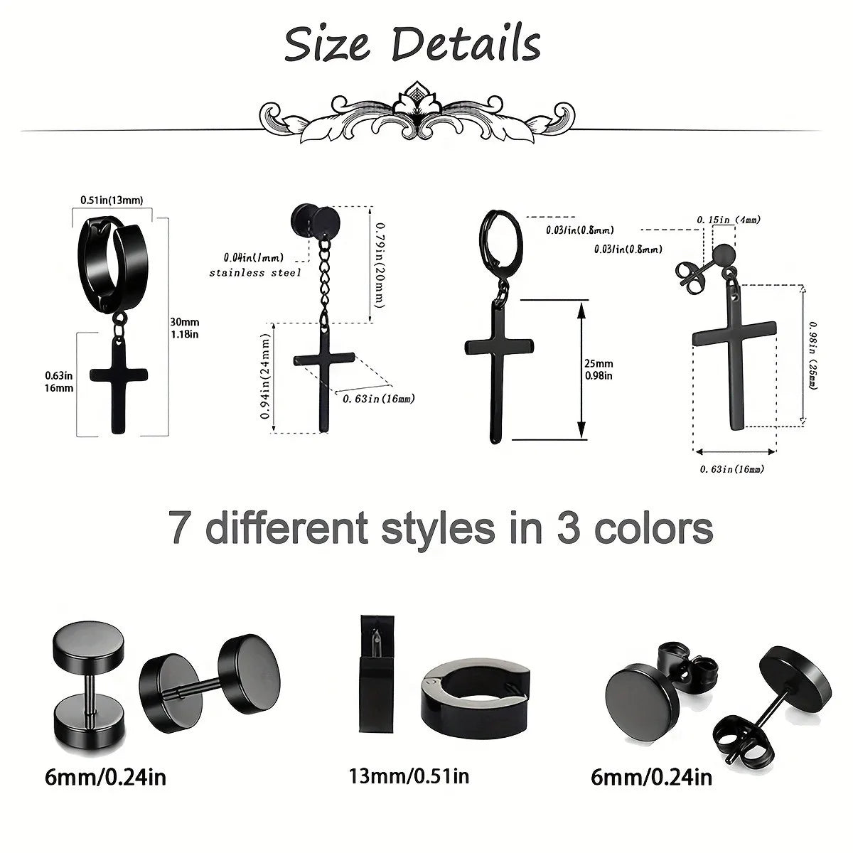 7 Pairs Stainless Steel Dangle Hoop Earrings For Men, Punk Cool Stud Earring