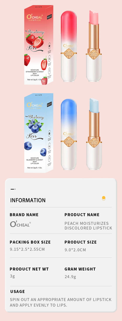 O'CHEAL Color Fruit Lipstick Peach Temperature Changing Lip balm Moisturizing Waterproof Long Lasting Moisturizes Lip Balm