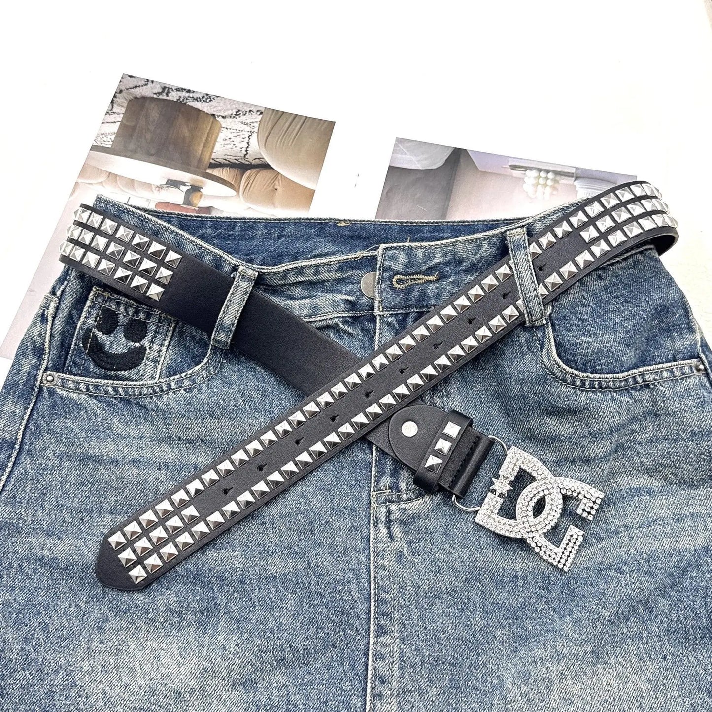 Women Rhinestone Rivet Leather Belt 120cm Y2K Punk Luxury Hot Girl Versatile Decor Waist Belt