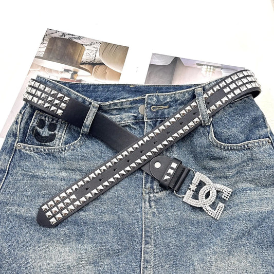 Women Rhinestone Rivet Leather Belt 120cm Y2K Punk Luxury Hot Girl Versatile Decor Waist Belt