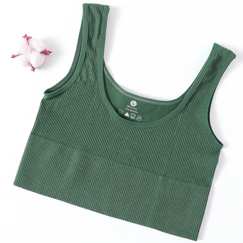 Women Seamless Ribbed Cropped Tank Top High Elastic Sleeveless Top Sexy Lingerie Sports Underwear O-neck Bra Daily Camisole M-XL