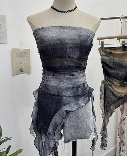 Women's Tie Dye Ruffled Ribbon Mesh Tube Top Irregular Mesh Sleeveless Tube Top Sexy Backless Vest Party Leisure Essential 9956