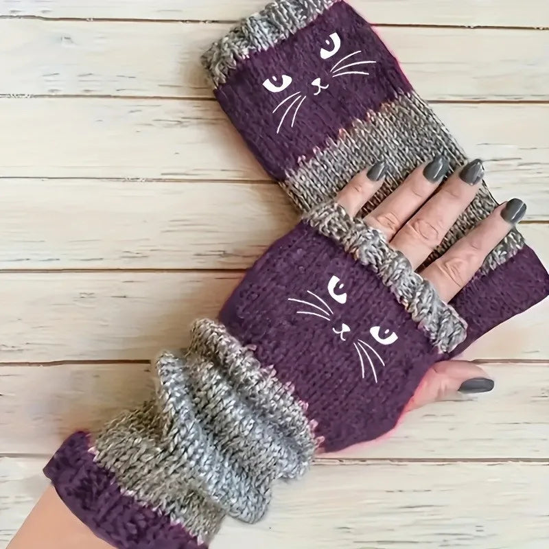 Thermal Winter Gloves Warm Cute Cat Fingerless Gloves Halloween Christmas Unisex Anti-Cold Thickened Touchscreen Mittens
