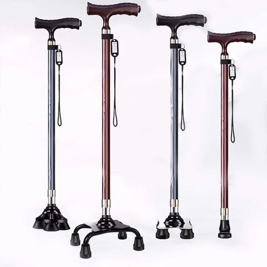 LED Light Non-Slip Elderly Walking Sticks Aluminum Alloy Multifunctional Crutch with Big Four Feet for Old Men