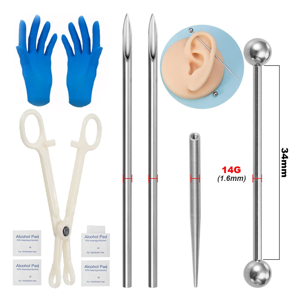 Body Piercing Kit Surgical Steel Threaded Taper Pin Needles Lip Nose Tongue Cartilage Eyebrow Navel Piercing Jewelry Tool Pliers