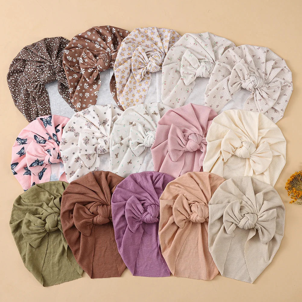 Ins Ribbed Baby Turban Hats Heart Dasiy Cherry Butterfly Bear Printed Infant Beanies Toddler Boys Girls Caps Kids Headwear