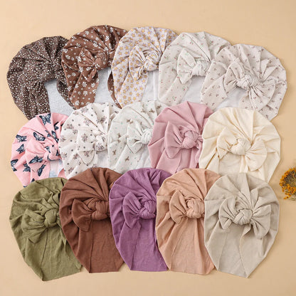 Ins Ribbed Baby Turban Hats Heart Dasiy Cherry Butterfly Bear Printed Infant Beanies Toddler Boys Girls Caps Kids Headwear