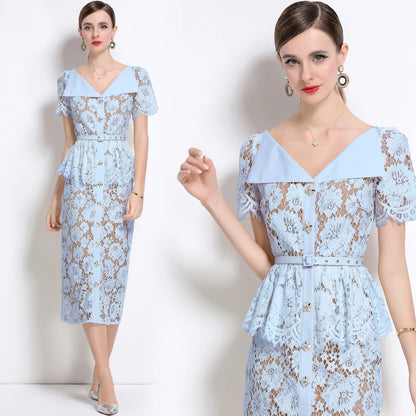 Quality Summer Beaded Diamonds Embroidery Beige White Lace Evening Dress Women Short Sleeve Ruffle Peplum Midi Prom Dresses Long