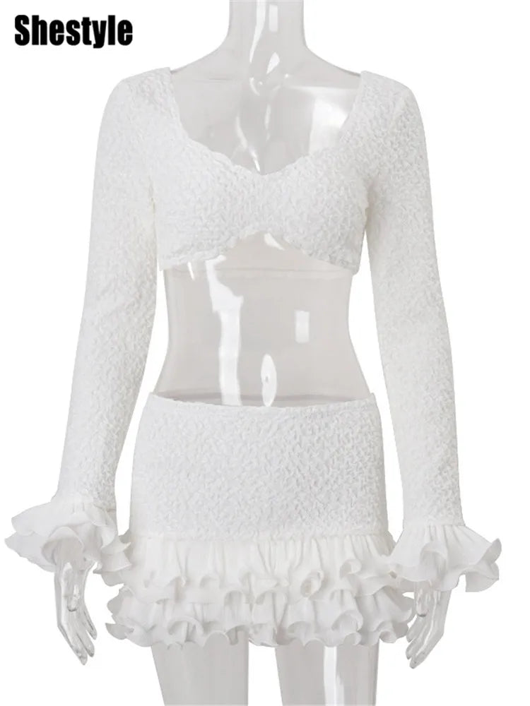 Shestyle Texture White Women 2 Piece Sets Autumn Ruffles Super Short Crop Tops V Neck Sheath Skirts Brand Design Party Outfits