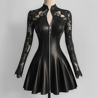 Women’s Elegant PU Leather Dress Black Lace Patchwork Mesh Long Sleeve Zipper Up Bodycon Dress A-Line Party Sexy Mini Dresses