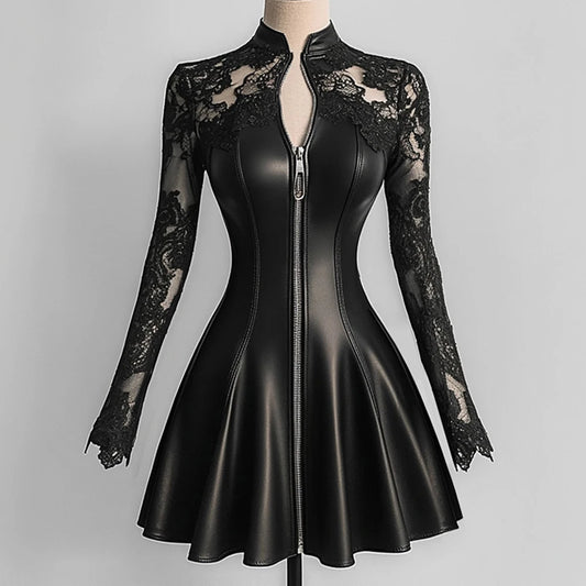 Women’s Elegant PU Leather Dress Black Lace Patchwork Mesh Long Sleeve Zipper Up Bodycon Dress A-Line Party Sexy Mini Dresses