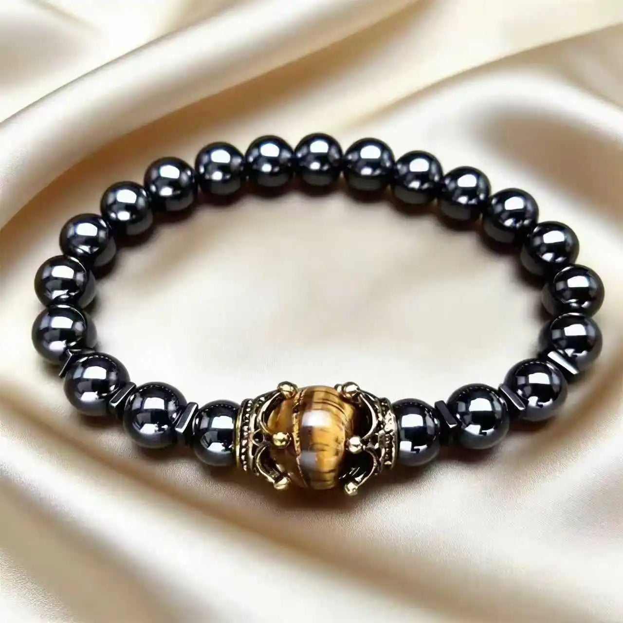 Men's Stylish Natural Stone Bracelet Vintage Crown Symbol of Power Hematite Beads Gift for Friends Natural Tiger Eye beads