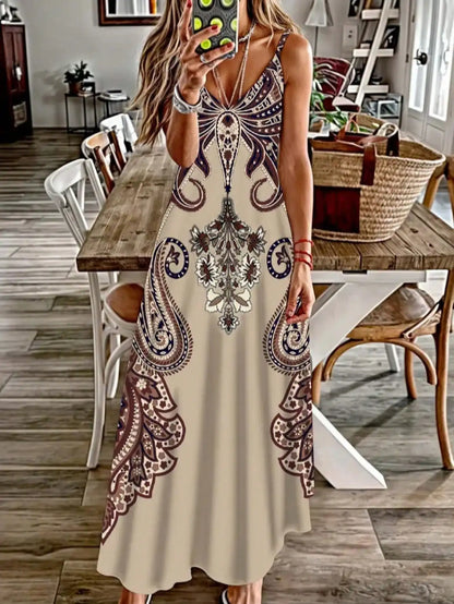 2024 Cross border New Flower Printed V-neck Strap Dress with Exotic Bohemian Vacation Style Elegant Long Style