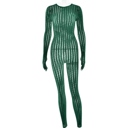BOOFEENAA See Through Seamless Striped Jacquard One Piece Long Sleeve Jumpsuit Sexy All Black Outfits for Woman Baddie C92-DZ18