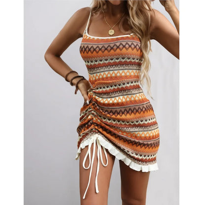 Summer New Women's Beach Vacation Dress With Suspender Straps Colorful Stripes Knitted Drawstring Sexy Backless Strap Dress