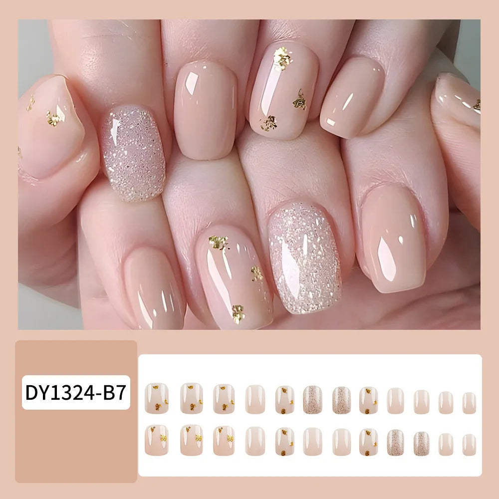 24pcs/set short square fake nails for women girls faux ongles fashion glitter geometric flowers design press on false nail kit