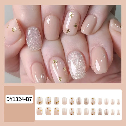 24pcs/set short square fake nails for women girls faux ongles fashion glitter geometric flowers design press on false nail kit