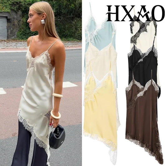 HXAO Slip Womens Dresses Sleeveless Black Lace Dress Woman Asymmetrical Elegant Party Dresses Sexy Backless Satin Yellow Dress