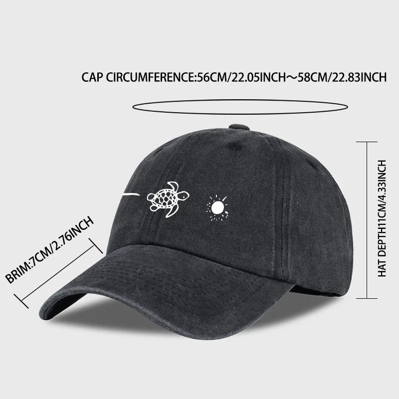 Retro Washed Baseball Cap with Wave, Turtle, and Sun Print – Unisex Adjustable Dad Cap – Summer Beach Sun Hat