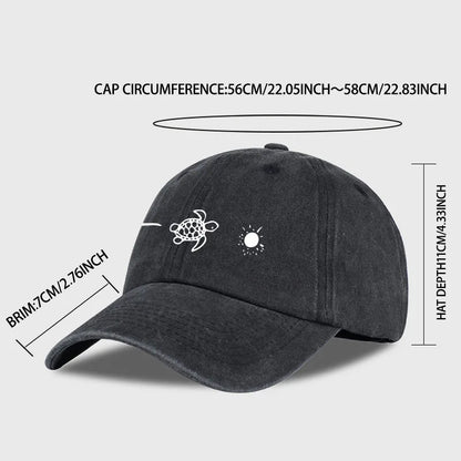 Retro Washed Baseball Cap with Wave, Turtle, and Sun Print – Unisex Adjustable Dad Cap – Summer Beach Sun Hat