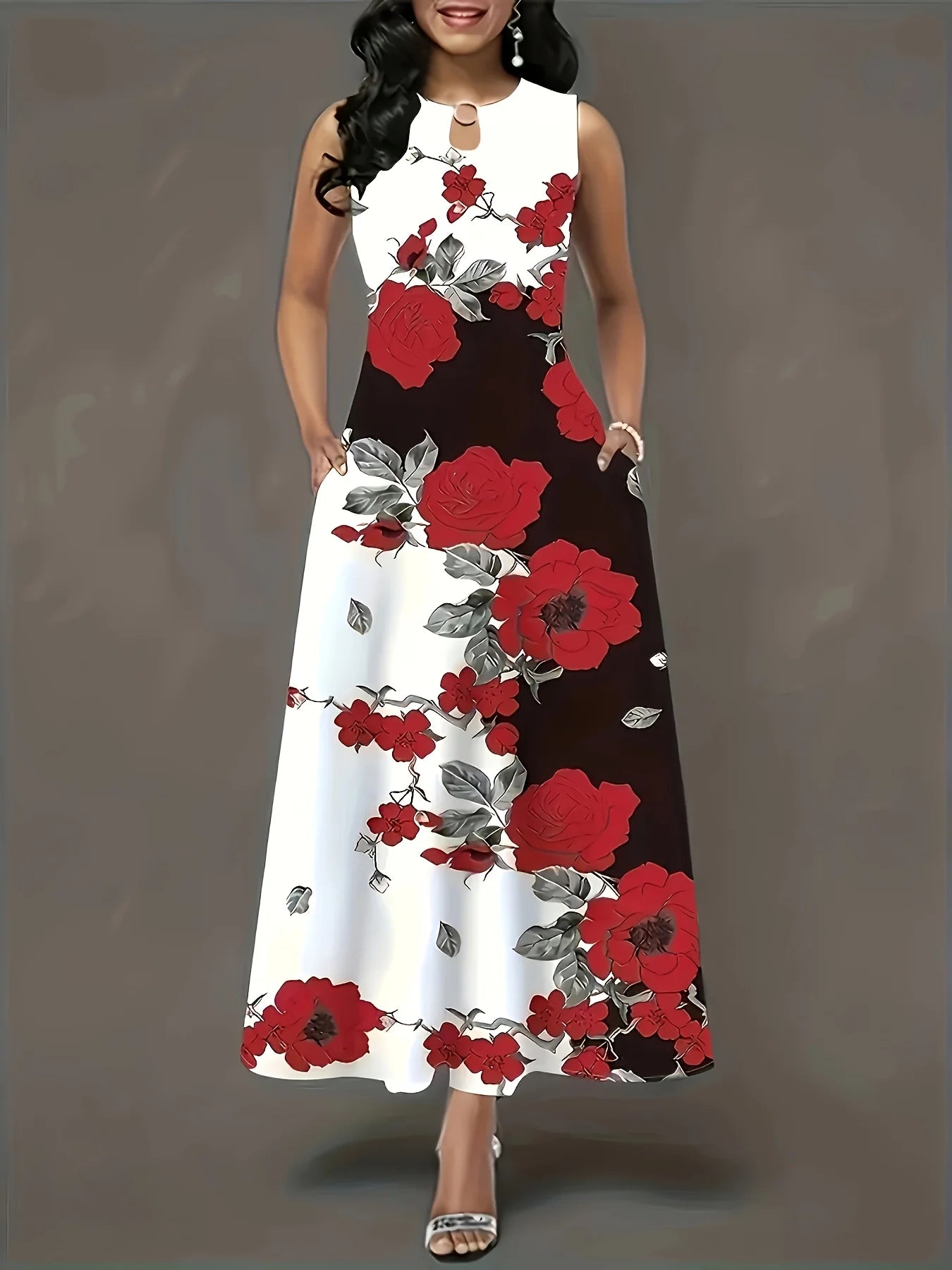 Large size European and American printed sleeveless temperament long dress for women, retro long dress