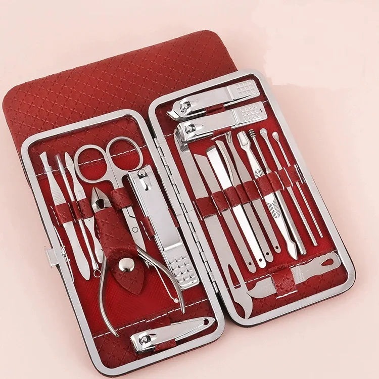 19-Piece Home Nail Clipper Set Large Dead Skin Pliers Diagonal Small Eyebrow Clipper with Leather Sleeve for Personal Grooming