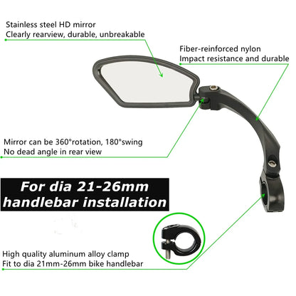 Adjustable Handlebar Bike Mirror, Shatterproof HD Glass Lens, Universal Fit Rearview Bicycle Mirrors, 360° Rotatable, Compatible