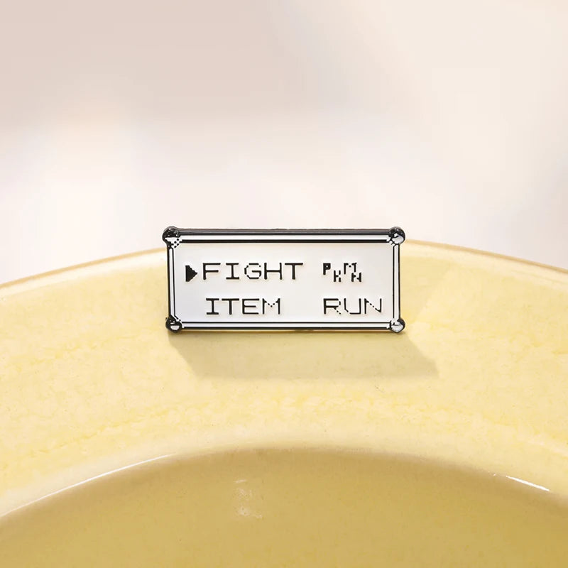 Rectangle Text Enamel Pins Custom FIGHT ITEM RUN Brooches Lapel Badges Punk Jewelry Gift for Kids Friends