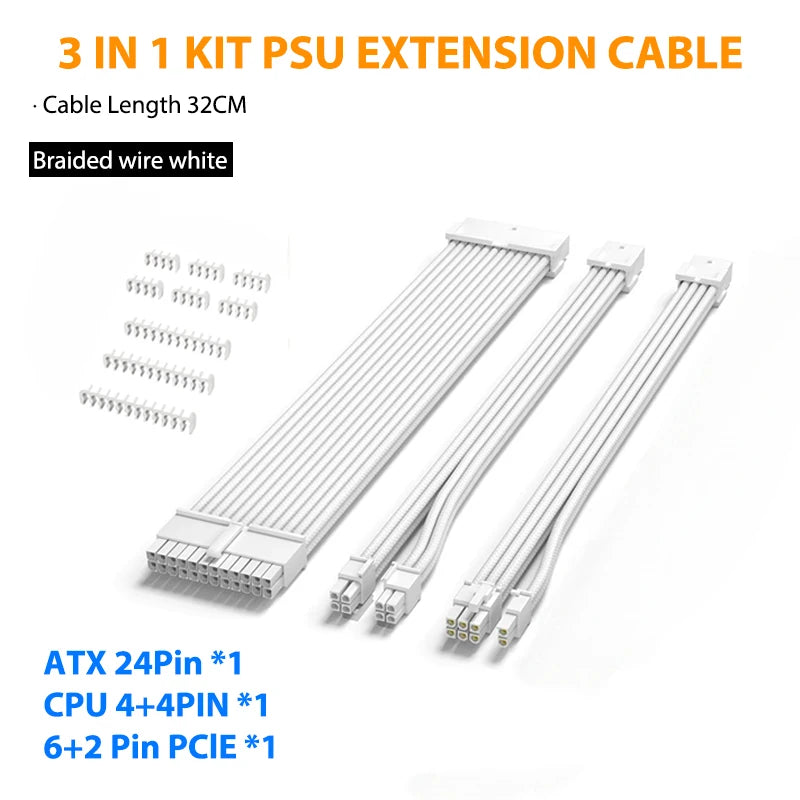 PSU Extension Cable Motherboard Cable 24Pin ATX/8Pin EPS/6+2Pin PCIe,18AWG Sleeved with Combs,Fit Universal Case Compatibility