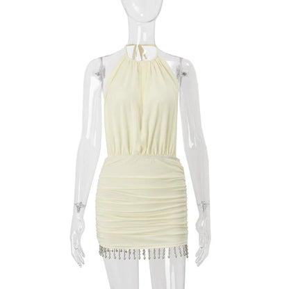 Cryptographic Embellished Halter Sexy Backless Mini Dress Vacation Summer Outfits for Women Club Party Cut-Out Short Dresses New