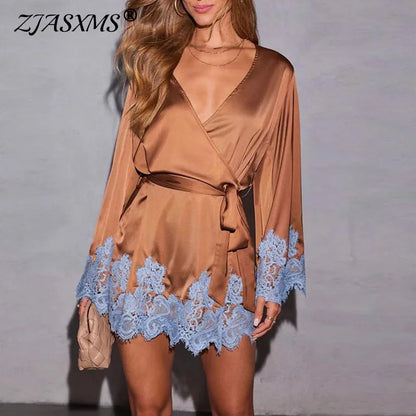 Sexy Chic Brown Lace Satin Womens Dress Spring Deep V Neck Hollow Mini Dress Autumn Long Sleeve Sashes Homewear Night Gown Mujer