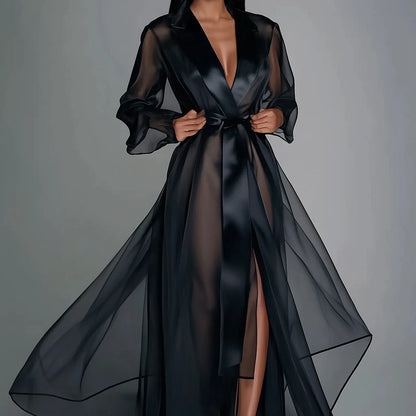 Organza See Through Long Sleeve Lace Up Robe Maxi Dress Summer Lapel Collar Fashion Bridal Robes Women's Gown Solid Party Dress