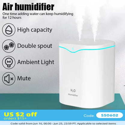 2000ML USB Air Humidifier Double Spray Port Essential Oil Aromatherapy Diffuser Cool Mist Maker Fogger for Home Office