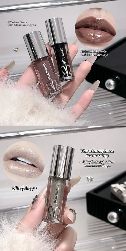 SHAQINUO Water Light Mirror Lip Gloss Lasting Moisturizing Cool Black Silver Gray Pearlescent Fine Sparkling Lipstick Lip Oil