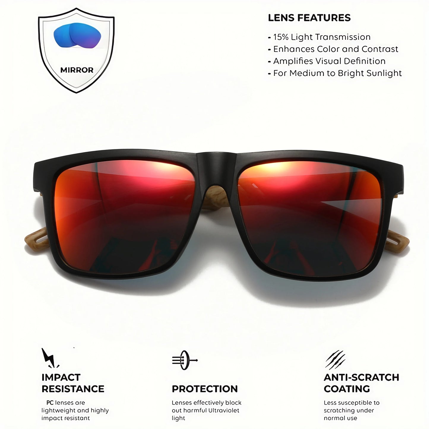 New Fashion Square Sunglasses - Wood Grain Spring Hinge, UV400 Unisex for Driving, Hiking & Travel
